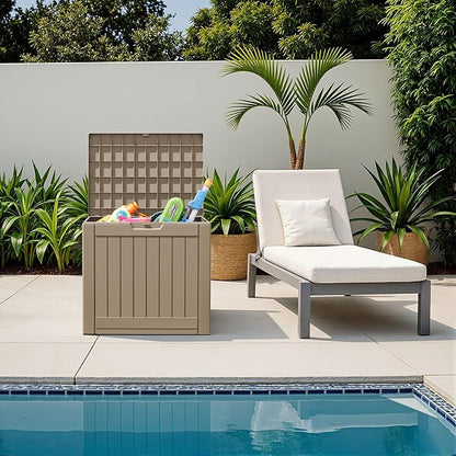 Flamaker Resin Deck Box 40 Gallon Waterproof Outdoor Indoor Storage Box Imitation Wood Resin for Patio Furniture Garden Tools and Pool (Brown)
