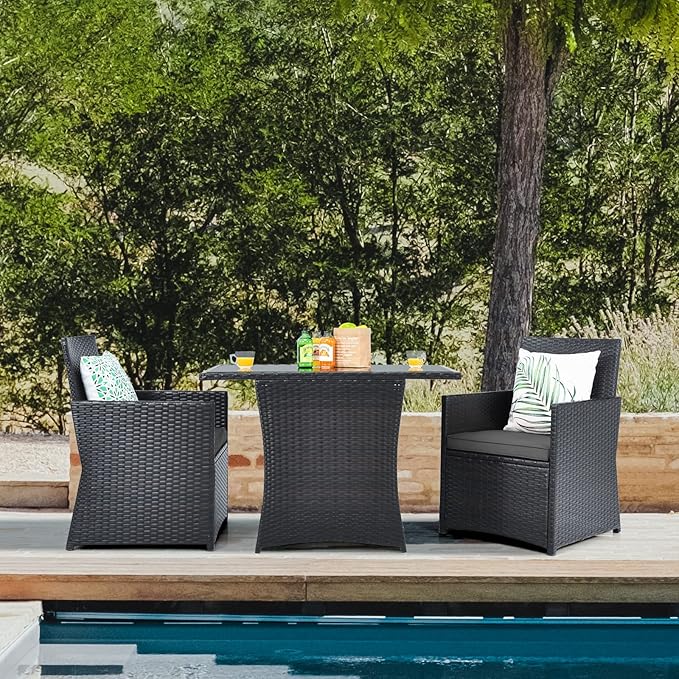 HAPPYGRILL 3 Piece Outdoor Wicker Bistro Set PE Rattan Dining Table Set with Cushioned Chairs, Patio Conversation Set for Backyard Porch Garden and Poolside