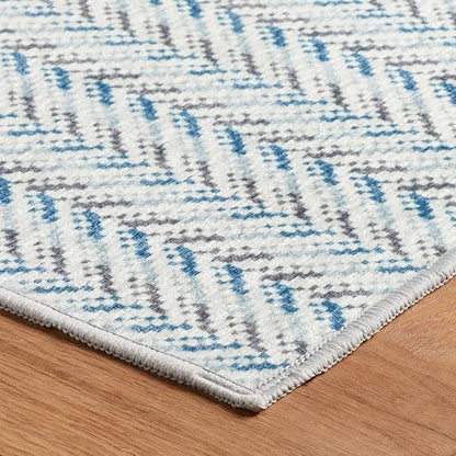 Dash & Albert Lowell Blue Machine Washable Rug, 3 X 5 Feet, Blue Graphic Pattern - Premium Luxury Hotel Quality Soft Breathable Hypoallergenic Machine Washable Easy Care All Season Comfortable