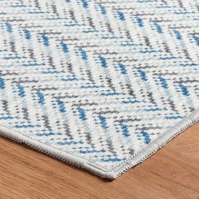 Dash & Albert Lowell Blue Machine Washable Rug, 2 X 3 Feet, Blue Graphic Pattern - Premium Luxury Hotel Quality Soft Breathable Hypoallergenic Machine Washable Easy Care All Season Comfortable