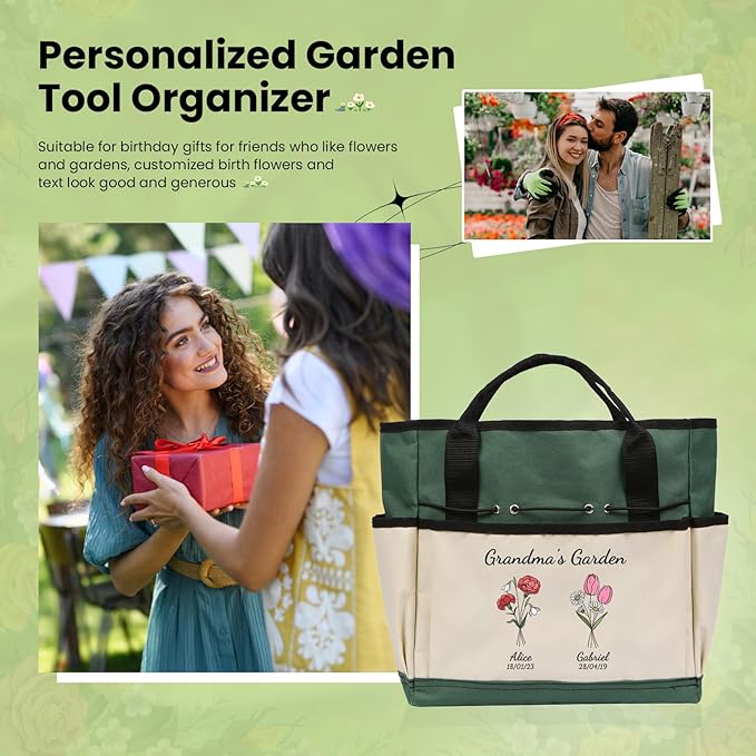 Personalized Garden Tools Set for Women: Custom Text Garden Tool Bag and Garden Shovel & Transplant Shovel & Hand Rake - Gardening Gifts for Mom Grandma Gardening Lover (2 Flowers)