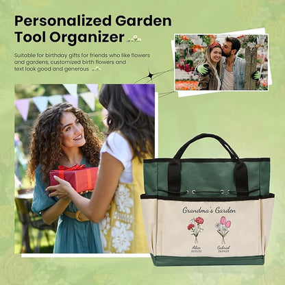 Personalized Garden Tools Set for Women: Custom Text Garden Tool Bag and Garden Shovel & Transplant Shovel & Hand Rake - Gardening Gifts for Mom Grandma Gardening Lover (2 Flowers)