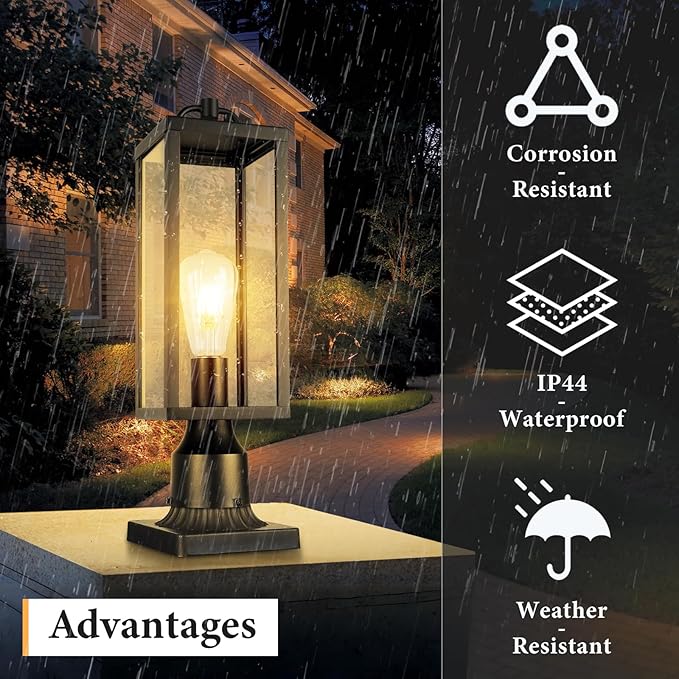 Outdoor Post Light Fixture, 16 Inch Tall Modern Exterior Square Pillar Lantern with Clear Glass, Transitional Black Pier Mount Lamp, Contemporary Pole Light for Garden, Backyard, Patio, Pathway