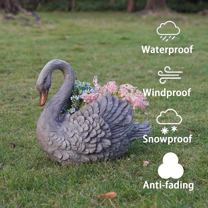 Unique Planters Swan Flower Pot Large – 18.5 Inch Planter Pots for Indoor Outdoor Concrete Finish Animal Swan Planters Resin Planter Garden Decoration Pot for Plants 18.5*9.75*14.5 Inch LC Lcdecohome