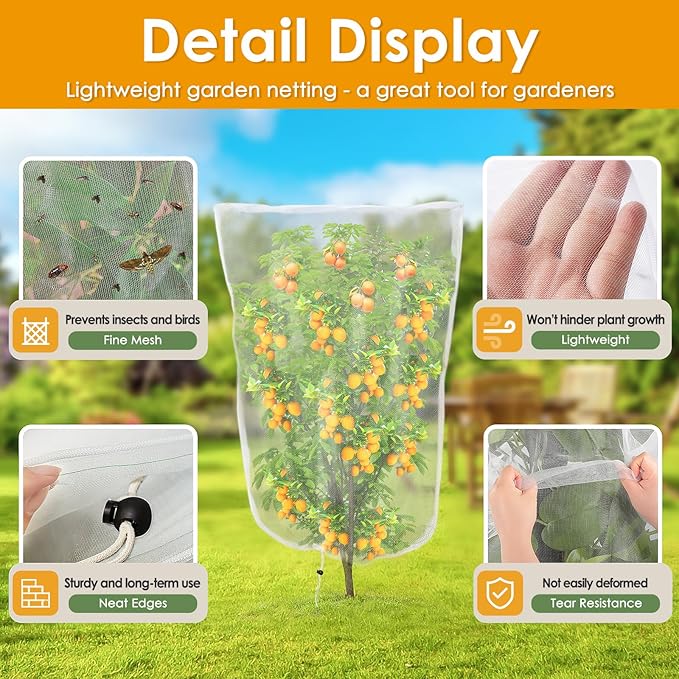 4 Pack Insect Bird Barrier Mesh - Blueberry Bush Netting Cover Insect Bird Netting Tomato Protective Cover with Drawstring Garden Mesh Netting for Vegetables, Fruits, Trees, 3.3Ft x 4.92Ft
