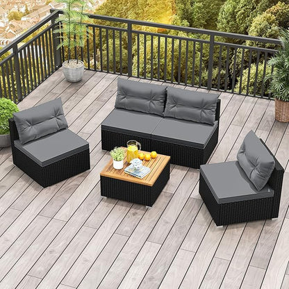 RELAX4LIFE 5-Piece Wicker Outdoor Furniture - PE Rattan Sectional Conversation Set w/4 Armless Sofas & Acacia Wood Coffee Table, Cushioned Patio Sofa Set for Garden Poolside Backyard Porch (Grey)
