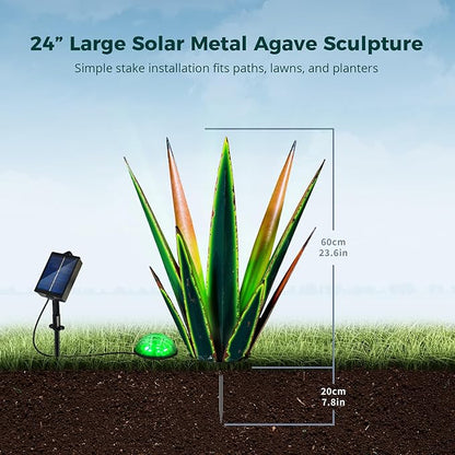 KODIBO 24” Large Solar Metal Agave Plants Outdoor Decor, Tequila Rustic Sculpture Outdoor Statues, Garden Sculpture for Patio Path Courtyard and Lawn