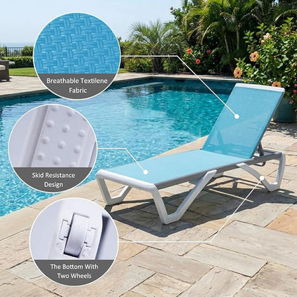 Kozyard Outdoor Chaise Lounge Chair, Fully Flat Adjustable Patio Lounger with Aluminum Frame & Resin Legs, Textilene Fabric for Poolside, Backyard & Beach, (Aqua, Chair)