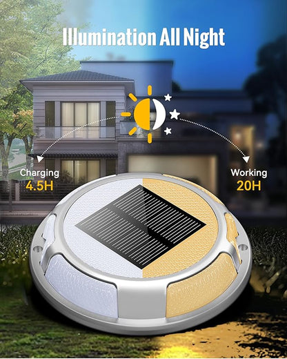 Solar Driveway Lights Dock Lights Waterproof 4 Pack, 2 Colors in 1 Outdoor LED Solar Deck Light, Solar Powered Walk Way Light Road Marker for Warning Stair Pathway Patio(Warm & Cool)