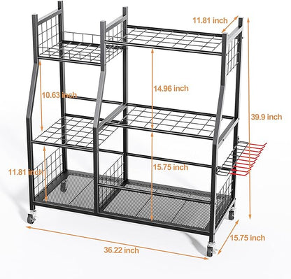 Garden Tool Organizer with Wheels for Garage, Freestanding Garage Tool Organizer, Yard Tool Holder, Garden Tool Cart for Long Handled Tools,Rakes, Brooms, Yard Storage Rack for Shed, Indoor, Outdoor