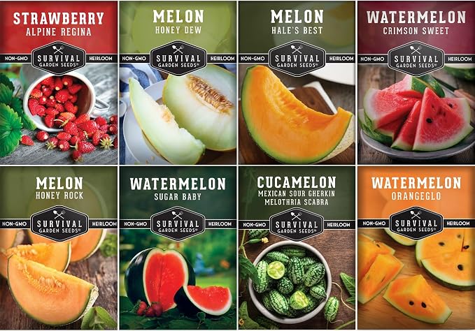 Fruit Seeds for Planting - 8 Variety Pack | Watermelon, Cantaloupe, Melon, Strawberry, Cucamelon for Home Vegetable Gardens - Non-GMO Heirloom Fruits - Survival Garden Seeds