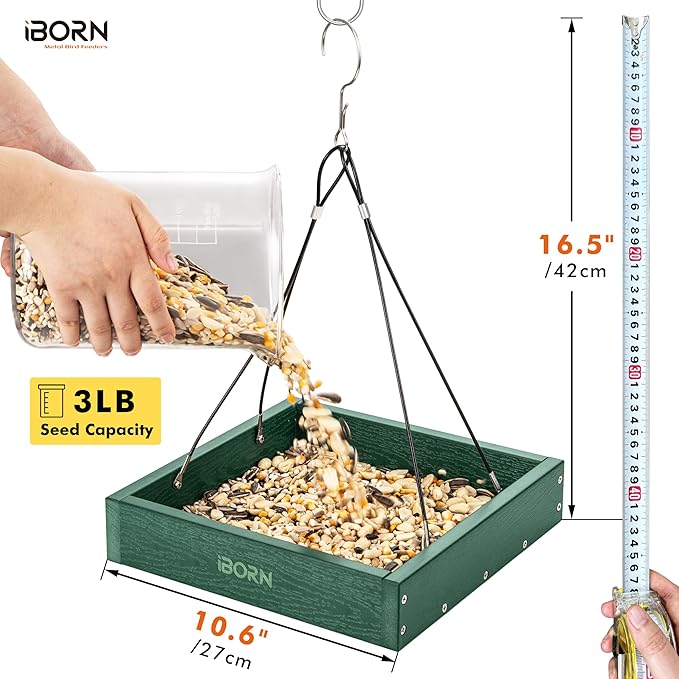 iBorn Platform Bird Feeder Tray Bird Feeders for Outdoors Hanging for Outside Flat Birdfeeder Tray with Large Capacity 3LBS, WPC Recycled Plastic & Cedar Look, Waterproof, 10.6"x10.6", Green