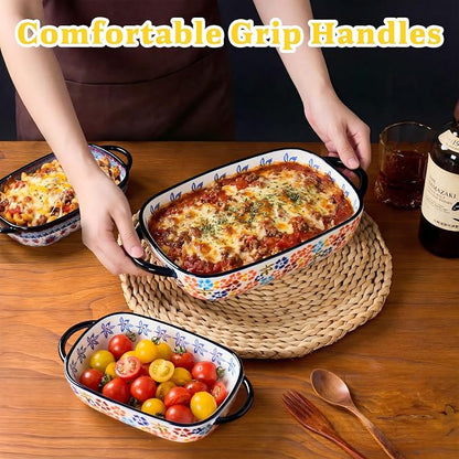 Ceramic Casserole Dishes for Oven, Hand-painted Polish Pottery Baking Dish Set of 2, 0.8QT / 2QT Porcelain Casserole Dish with Handles, Baking Pan Lasagna Pan, Gift for Family/Friend (Yellow)