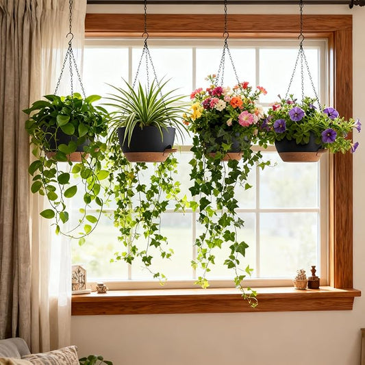 UOUZ 4 Pack 8 Inch Self Watering Hanging Planters for Indoor Outdoor Plants，Hanging Pots for Plants with Drainage Removable Tray, Hanging Baskets Flower Pots for Pothos Spider Garden Black with Brown