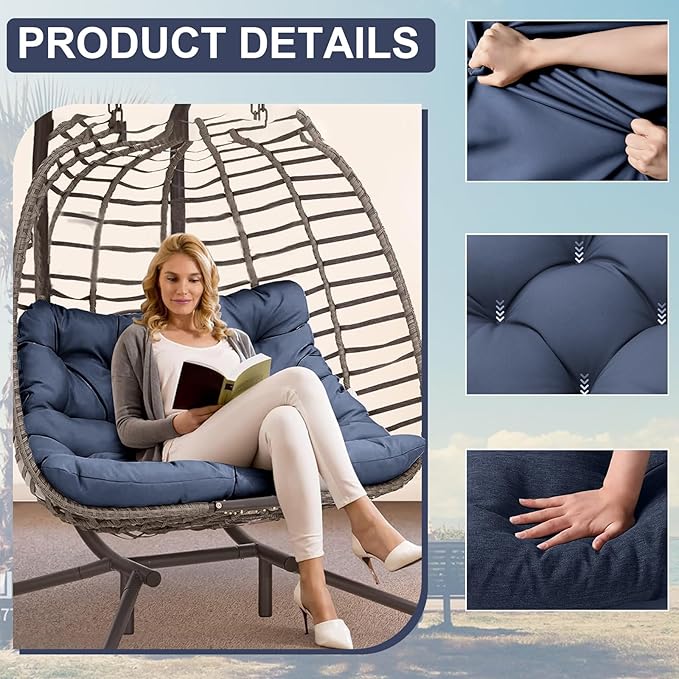 Outdoor Swing Cushions 3 Seater Waterproof, Replacement Bench Cushions for Outdoor Patio Furniture with Backrest, Porch Swing Cushion with Ties for Lawn and Garden (Navy Blue, 40x47in)