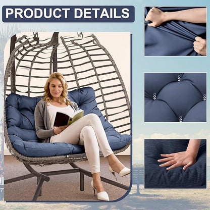 Outdoor Swing Cushions 3 Seater Waterproof, Replacement Bench Cushions for Outdoor Patio Furniture with Backrest, Porch Swing Cushion with Ties for Lawn and Garden (Navy Blue, 40x60in)
