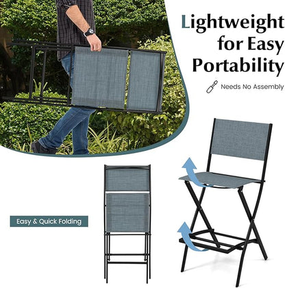 COSTWAY Outdoor Patio Bar Chair Set of 4, Folding Bar Height Stool with Metal Frame & Footrest, Patio Bar Stool for Balcony, Garden & Poolside (4, Blue)