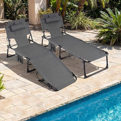 Goplus Tanning Chair, Folding Adjustable Patio Lounge Chair with Face Hole, Removable Pillow, 330LBS, Carry Strap, Outdoor Sunbathing Chair, Lightweight Portable Beach Lounge Chair, No Assembly