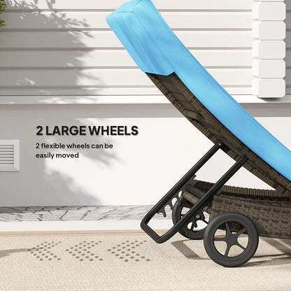 Outsunny Wicker Chaise Lounge Chair Outdoor with Wheels & Cushion, PE Rattan Patio Lounge Chair with 5-Level Adjustable Backrest for Poolside, Garden, Sky Blue