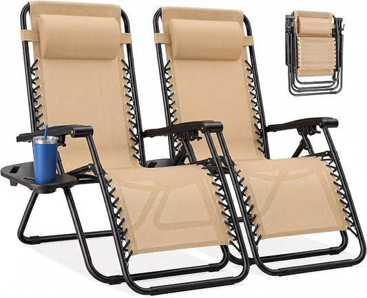 NEWBULIG Zero Gravity Chairs Set of 2, Lounge Chair Folding Portable Adjustable Camping Recliner with Adjustable Pollow, Mesh Back, Cup Holder Trays Lawn Patio Chair for Pool Beach