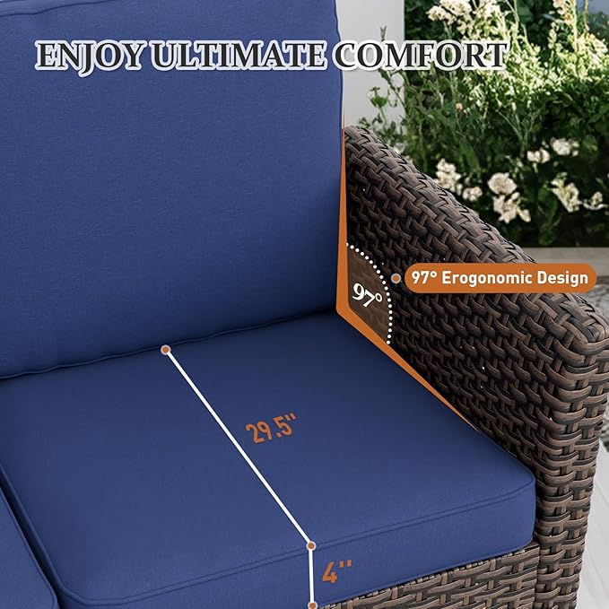 Canyon Ridge Wicker Patio Sofa with 2 Ottomans, Small Balcony Furniture, Outdoor Furniture Set, 3 Seat Couch, Brown/Blue