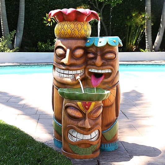 Alpine Corporation - 3-Tiered Colorful Tiki Head Water Fountain, Indoor/Outdoor Tropical Waterfall with LED Lights, for Garden, Patio, Yard, 35" H