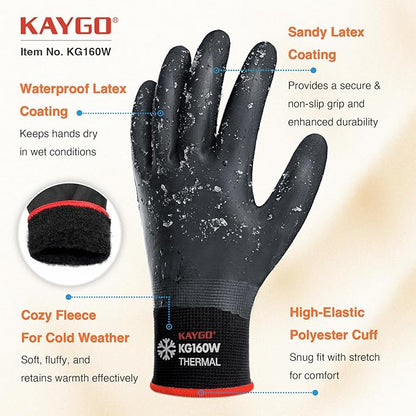 KAYGO Winter Waterproof Work Gloves for Men and Women, 3 Pairs Thermal Insulated Freezer Rubber Coated Gloves,Super Grip,KG160, XL, Black