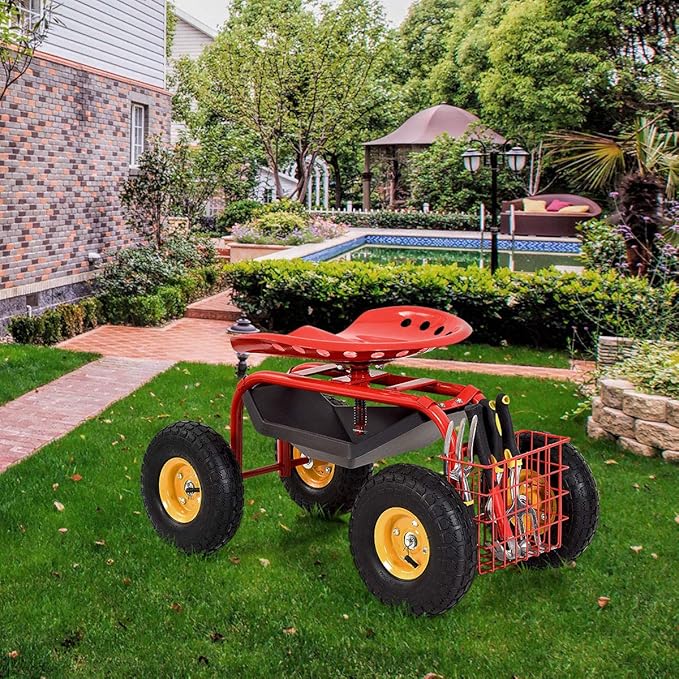 Goplus Garden Seat with Wheels, Rolling Garden Cart with Adjustable 360° Swivel Seat, Tool Tray, Basket for Lawn, Yard, Patio, Heavy Duty Gardening Stool, Outdoor Wagon Scooter for Seniors