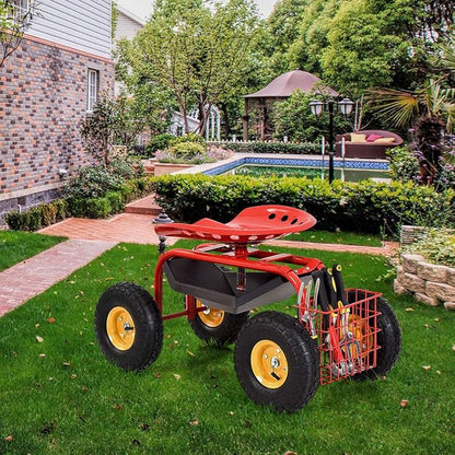 Goplus Garden Seat with Wheels, Rolling Garden Cart with Adjustable 360° Swivel Seat, Tool Tray, Basket for Lawn, Yard, Patio, Heavy Duty Gardening Stool, Outdoor Wagon Scooter for Seniors