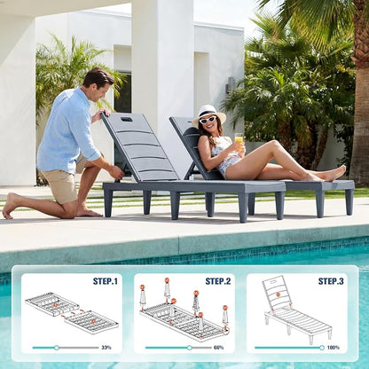 Devoko Outdoor Chaise Lounge Chair Set of 2 with 5-Position Adjustable Back, Waterproof & Lightweight PP Lounge Chairs for Outside Pool Patio (Light Grey)