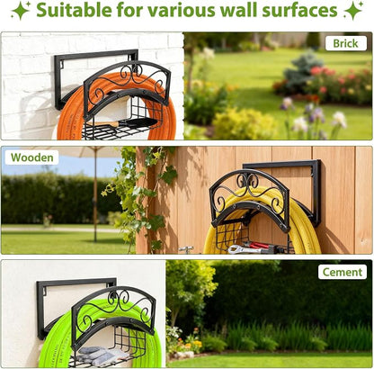 BOLITE Garden Hose Holder Wall Mount, Heavy Duty Metal Water Hose Holder with Basket for Outside, Hose Storage Holds 150FT Water Pipe for Yard, Lawn, Garden, Farm, Gifts for Women Men