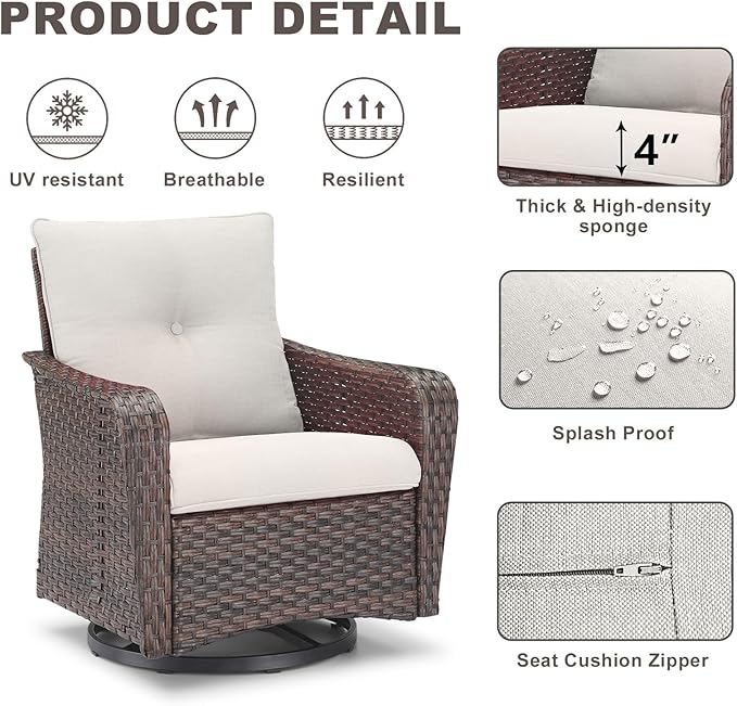 Rilyson Outdoor Patio Swivel Rocker Chairs - 4 PC Wicker Rattan Patio Rocking Glider Chair Set with High Back,Comfy Cushions and Deep Seating for Porch Deck Backyard Garden(Brown/Beige)