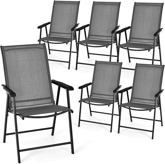 Tangkula Set of 6 Patio Folding Chairs, Outdoor Fabric Dining Chairs with High Back & Armrests, Sturdy Metal Frame for Patio Lawn Garden (Grey)