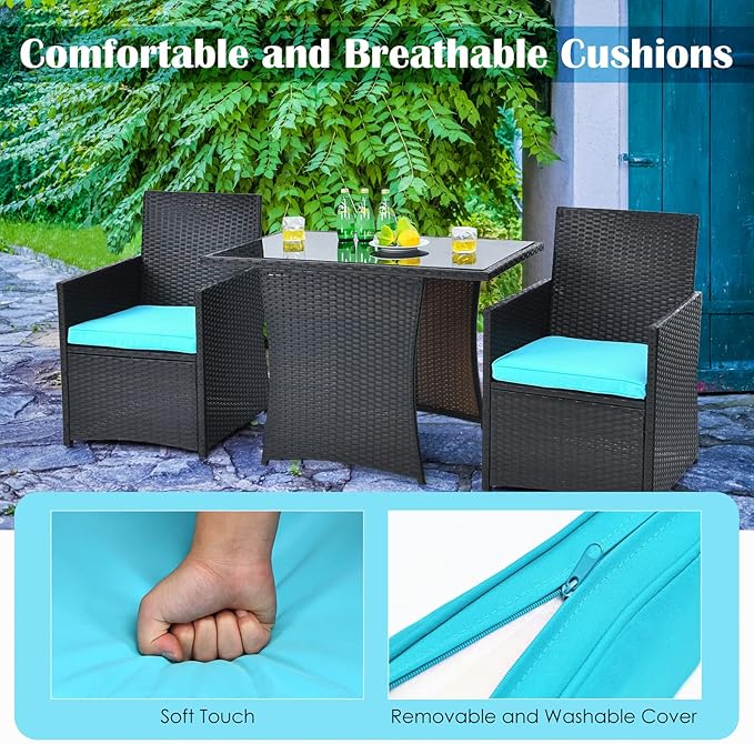 HAPPYGRILL 3PCS Outdoor Wicker Bistro Set PE Rattan Dining Table Set with Cushioned Chairs, Patio Conversation Set for Backyard Porch Garden and Poolside