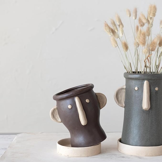 Creative Co-Op Stoneware Face Planter with Saucer, Set of 2, Matte Black and Cream, 9"