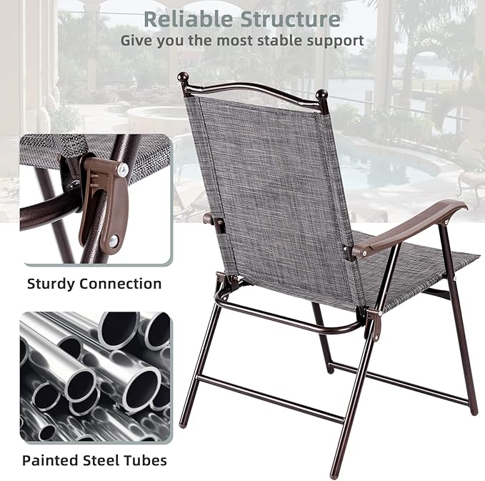 Tangkula Set of 2 Patio Folding Dining Chairs, Outdoor Sling Lawn Chairs with Armrests, Steel Frame, Portable Camping Lounge Chairs for Backyard, Deck, Poolside and Garden, No Assembly (1, Grey)