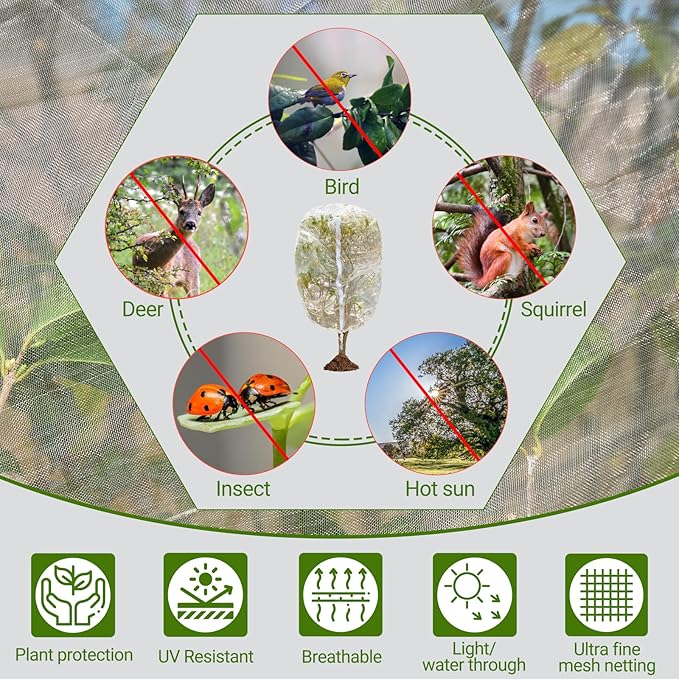 4 Pack Fruit Tree Netting Covers with Zipper & Drawstring – 7.87x7.87FT Ultra-Fine Mesh Garden Netting – Insect & Bird Barrier for Tree, Plant & Crop Protection