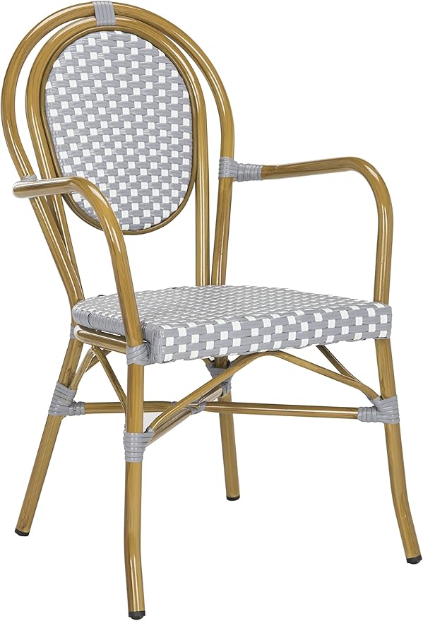 SAFAVIEH PAT4014A-SET2 Outdoor Collection Rosen Navy and White French Bistro Stacking Arm Chair
