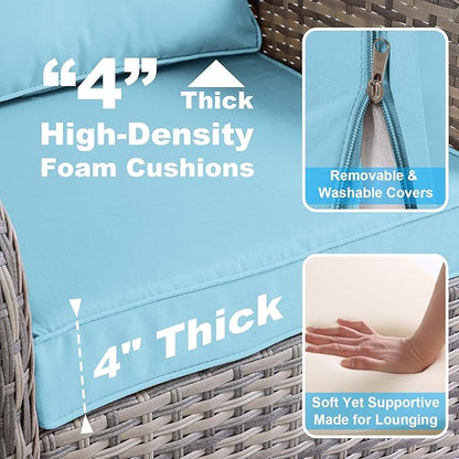 12-Piece Small Patio Furniture Set, Outdoor Swivel Rocking Chairs Set with 55,000 BTU Fire Pit Table Wicker Chairs and Ottomans, Patio Bistro Set for Balcony, Deck, Porch, Lake Blue