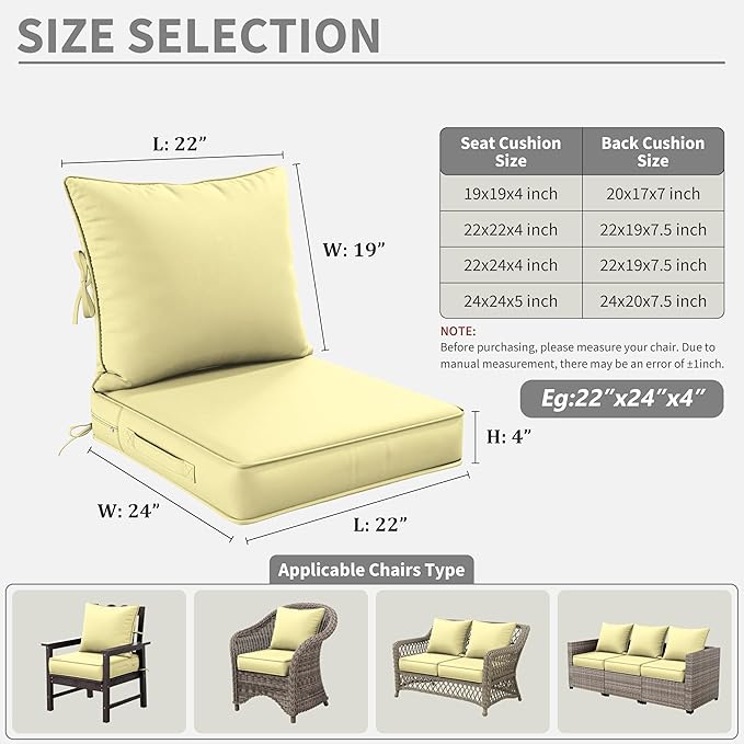 Premium Outdoor Seat Cushion Chair Cushions for Patio Furniture 22 L X 24 W X 4 H Waterproof & Fade Resistant Deep Seat and Backrest Cushion Set with Removable Covers for Chair, Sofa