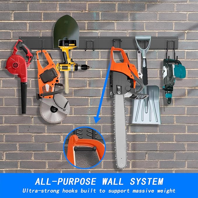 CBWLWJ Garage Tool Organizer Wall Mount, 64 inch Garage Wall Organizer, 680lbs Sturdy Garden Tool Organizer with 12 Adjustable Hooks, for Yard, Shed, Basement, Workshop(Black)