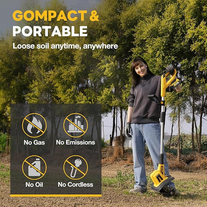Alloyman 20V Cordless Tiller Cultivator, 360RPM Electric Garden Tiller, with 2 * 4.0Ah Batteries & Charger, 9In Tilling Width and 6.6In Depth Garden Rototiller for Lawn/Gardening/Soil Cultivation