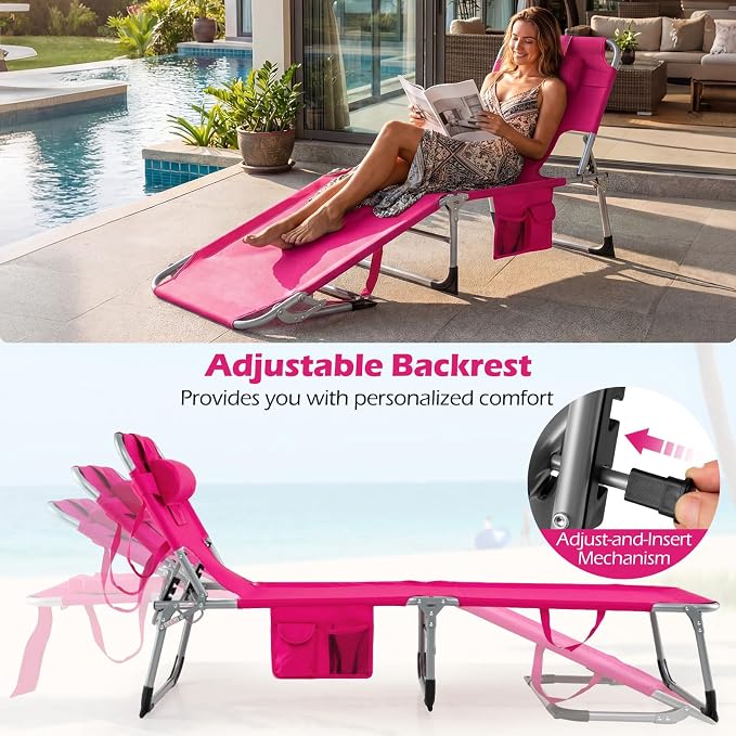 GYMAX Tanning Chair with Face Hole, Sun Bathing Lounge Chairs for Outside with Side Pocket, Folding Portable Face Down Layout Tanning Chair Beach, Backyard, Poolside, Lawn (Pink,2)