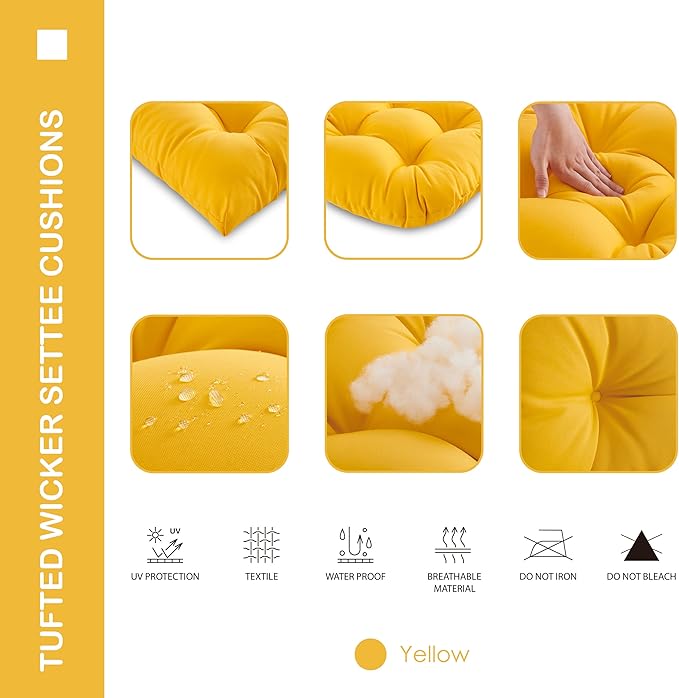 Outdoor/Indoor All Weather Tufted Wicker Chair Cushions of 3 Pieces, 1 Loveseat and 2 U-Shape Waterproof Cushions for Patio Furniture,Wicker Loveseat,Bench-Yellow