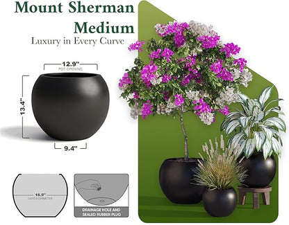DTY Signature Mount Sherman Modern Indoor Outdoor Fiberstone Sphere Planter, Durable Round Garden Pot, Weather Resistant, Drainage Hole & Rubber Plug, Planter for Christmas Tree - Medium, Black