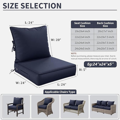 Premium Outdoor Seat Cushion Chair Cushions for Patio Furniture 24 L X 24 W X 5 H Waterproof & Fade Resistant Deep Seat and Backrest Cushion Set with Removable Covers for Chair, Sofa