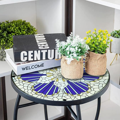 Arbuxzuy 12 Inch Small Outdoor Side Table with Blue Morning Glory, Glass Mosaic Patio Table Indoor, Round Plant Coffee Table for Living Room, Balcony, Garden