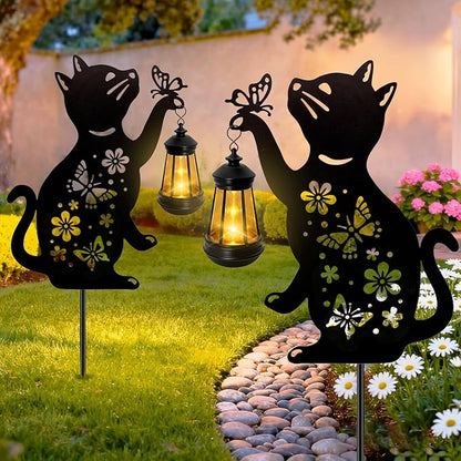 Cat Outdoor Solar Lantern Waterproof, Birthday Gifts for Christmas Women Mom, Solar Hanging Lights with Butterfly, Black Cat Metal Figurine Garden Decor Patio Yard Pathway Backyard Ornaments, 2 Pack