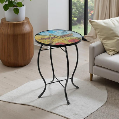 Small Side Table with Metal Frame, 10.5" Round Side Tables with Grasshopper Pattern,Outdoor Table for Balcony,Terrace,Garden,Living Room