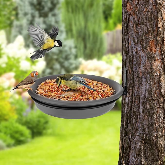 Fence Bird Feeders Tray - Tree Mounted Wild Bird Bath for Outdoors Place Food Water, Installed on Deck Wall Stakes with Heavy Duty Iron Ring, 8.3'' Dia. (Grey)